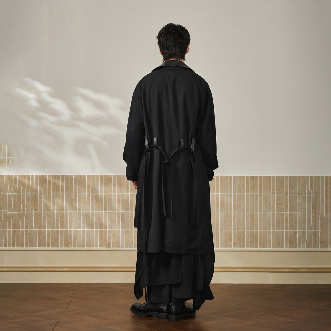 MOITIEDEPETALE Leather Paneled Belted Oversized Trench