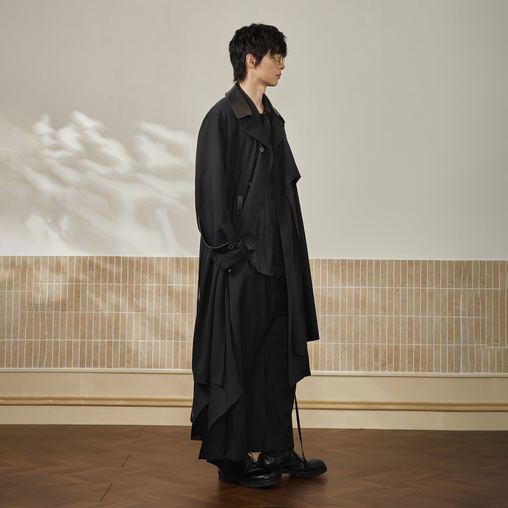 MOITIEDEPETALE Leather Paneled Belted Oversized Trench