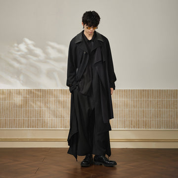 MOITIEDEPETALE Leather Paneled Belted Oversized Trench