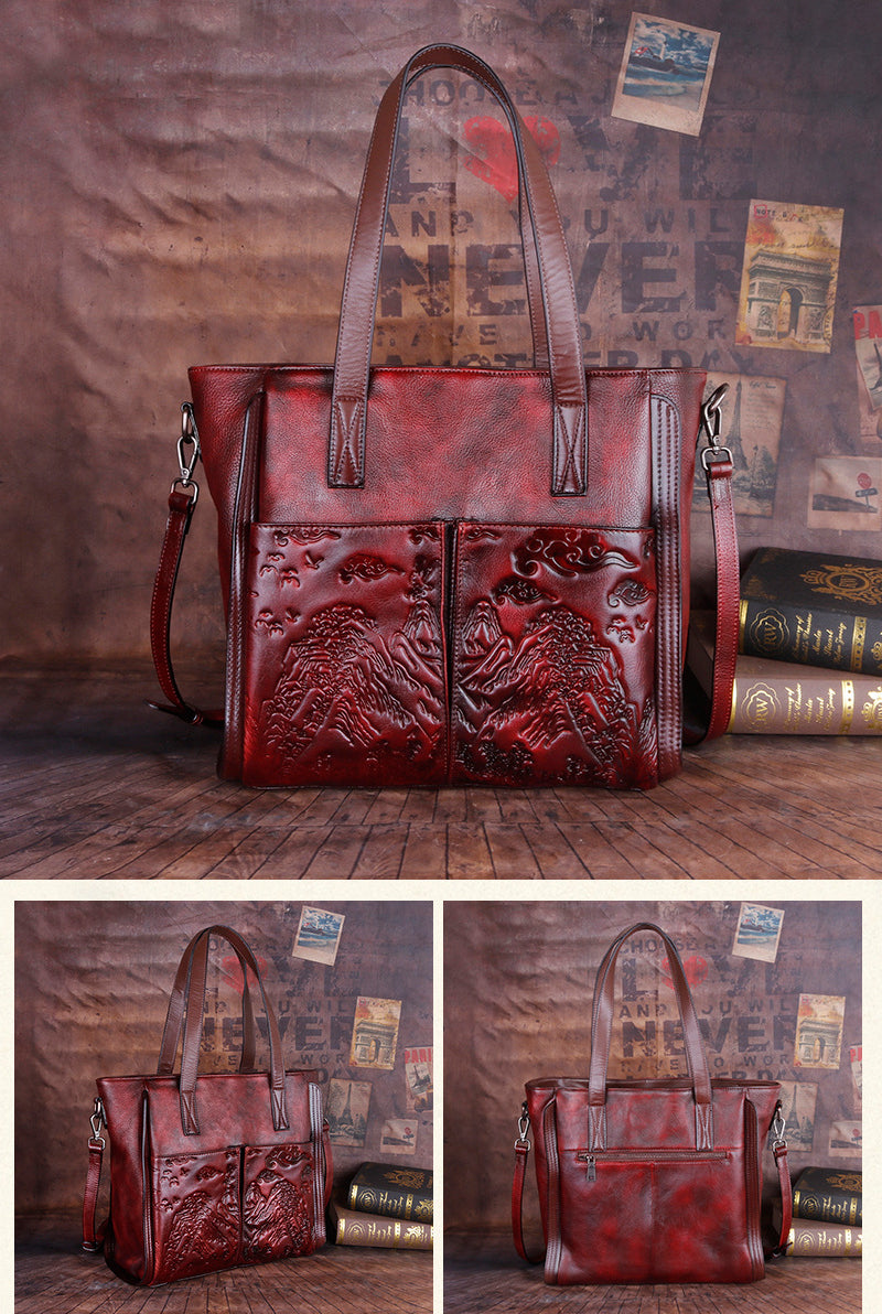 Vintage Vegetable-Tanned Handmade Satchel, Embossed Shoulder Bag for Women-handbags-Gray-Free Shipping Leatheretro