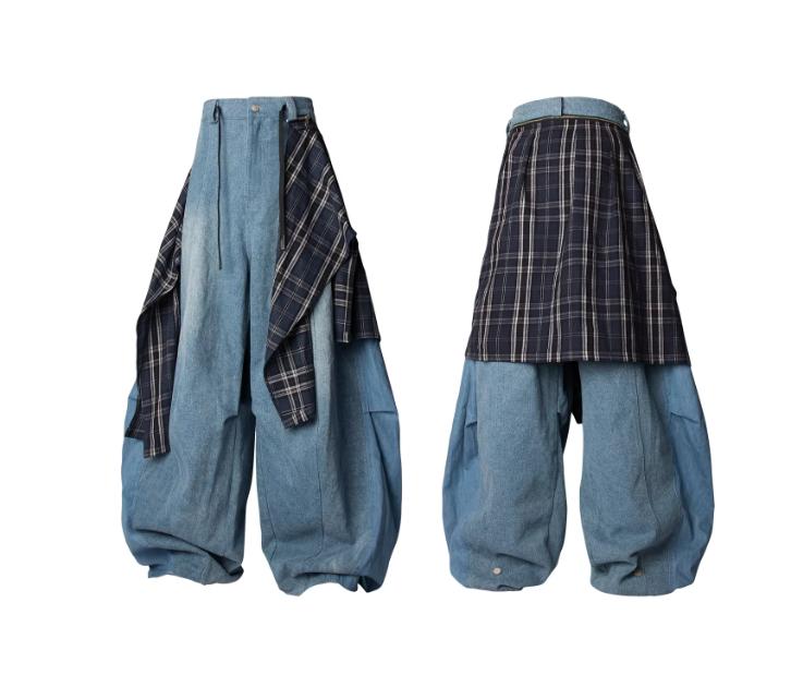 RELABEL Detachable Plaid Back Flap Spliced Jeans-Jeans-Blue-XS-Free Shipping Leatheretro