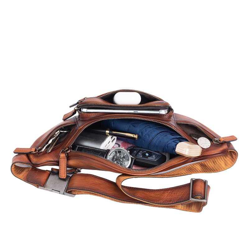 Vintage Cowhide Leather Chest & Waist Bag – Vegetable Tanned, Dual-Purpose Casual Style-Chest Bags-Retro Brown-Free Shipping Leatheretro