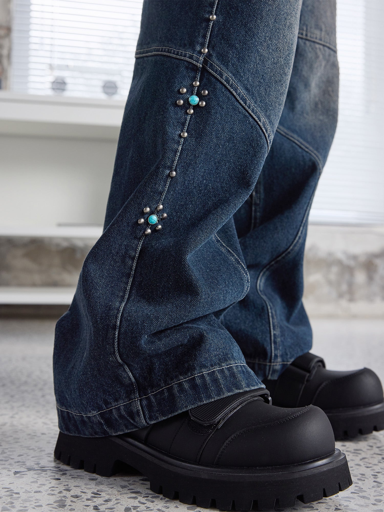 ERROR CODE ROBOT Turquoise Studded Paneled Jeans-Jeans-S-Free Shipping Leatheretro
