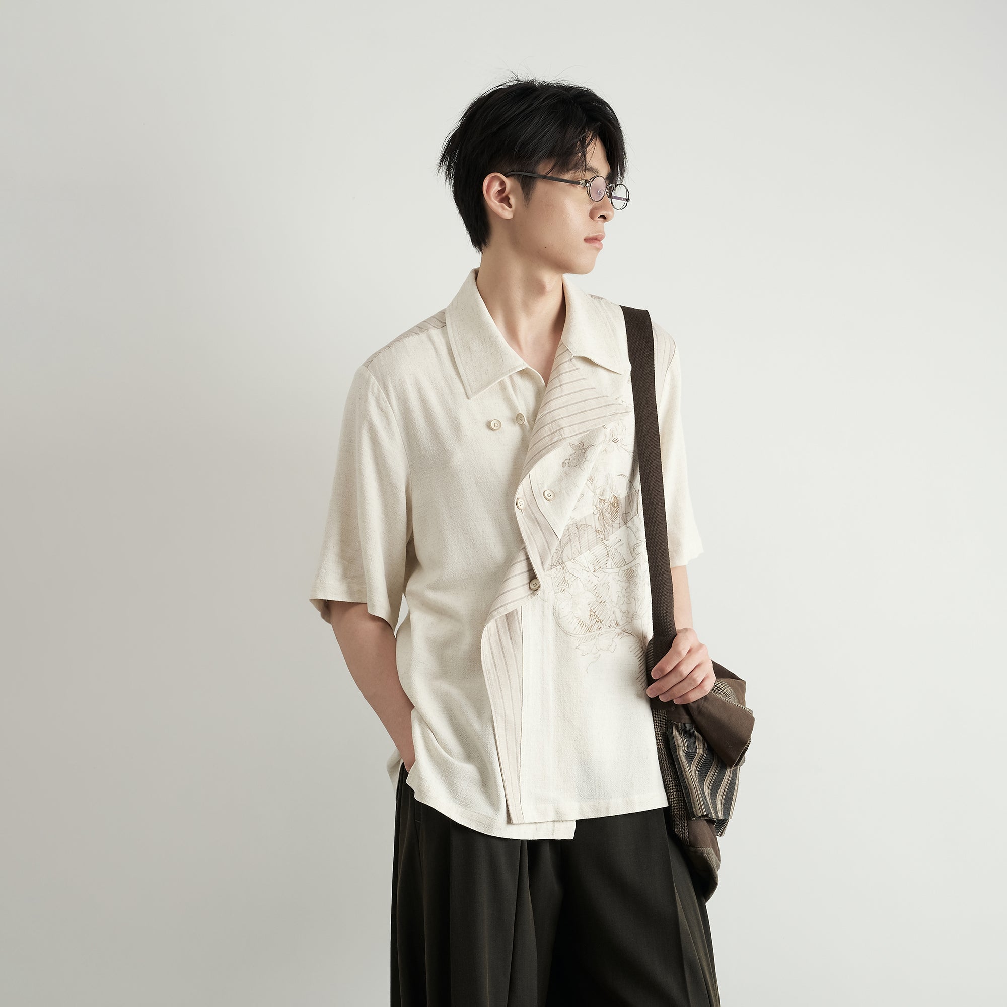 MOITIEDEPETALE Asymmetrical Floral Sketch Linen-Blend Shirt-Shirt-XS-Long-Sleeves-Free Shipping Leatheretro