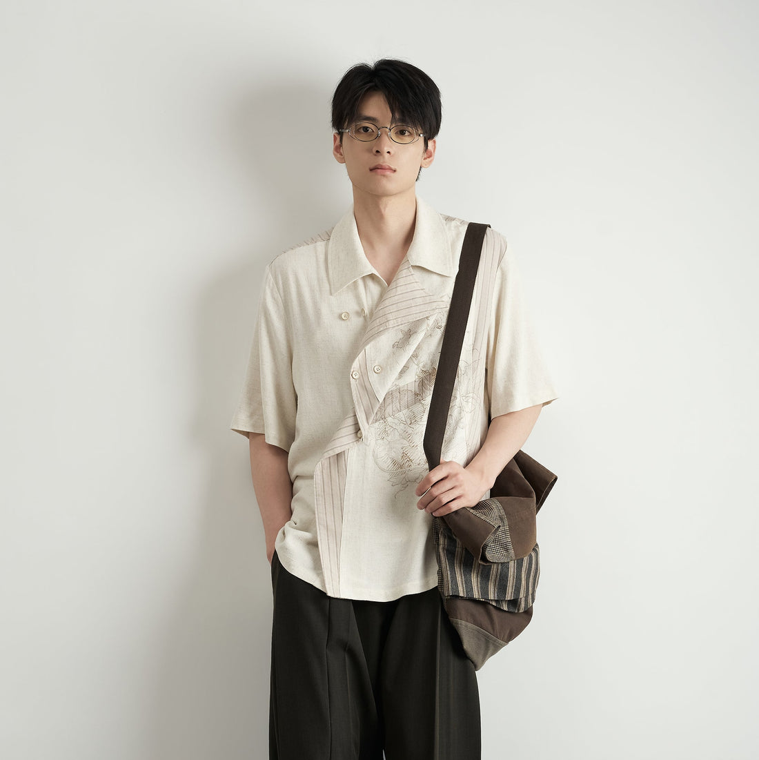 MOITIEDEPETALE Asymmetrical Floral Sketch Linen-Blend Shirt-Shirt-XS-Long-Sleeves-Free Shipping Leatheretro