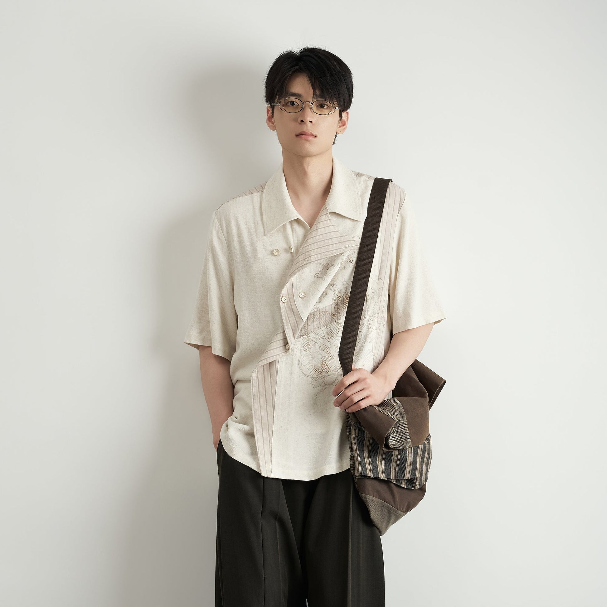 MOITIEDEPETALE Asymmetrical Floral Sketch Linen-Blend Shirt-Shirt-XS-Short-Sleeves-Free Shipping Leatheretro