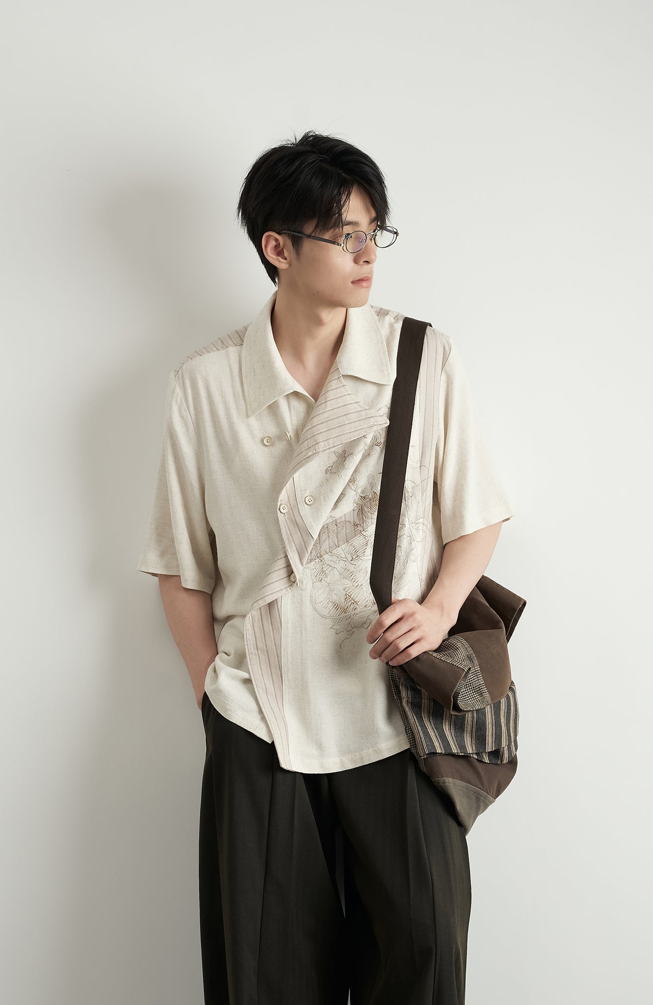 MOITIEDEPETALE Asymmetrical Floral Sketch Linen-Blend Shirt-Shirt-XS-Long-Sleeves-Free Shipping Leatheretro