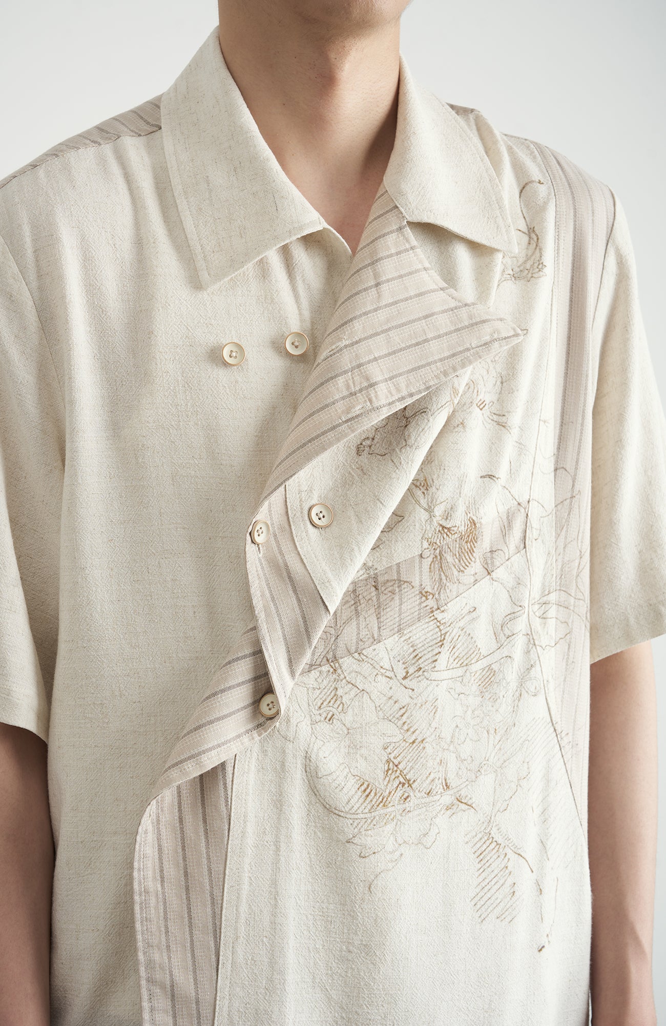 MOITIEDEPETALE Asymmetrical Floral Sketch Linen-Blend Shirt-Shirt-XS-Long-Sleeves-Free Shipping Leatheretro