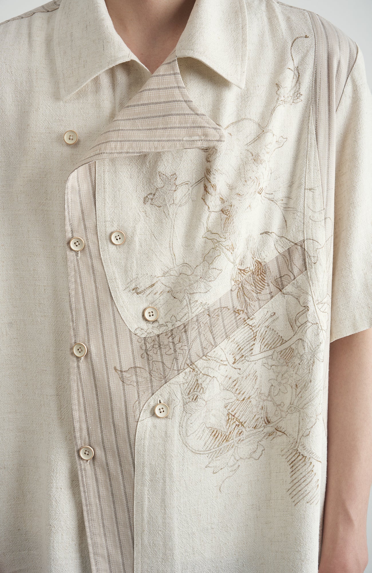 MOITIEDEPETALE Asymmetrical Floral Sketch Linen-Blend Shirt-Shirt-XS-Long-Sleeves-Free Shipping Leatheretro