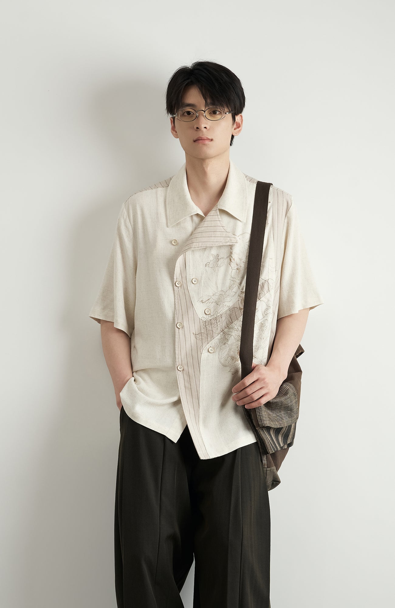 MOITIEDEPETALE Asymmetrical Floral Sketch Linen-Blend Shirt-Shirt-XS-Long-Sleeves-Free Shipping Leatheretro