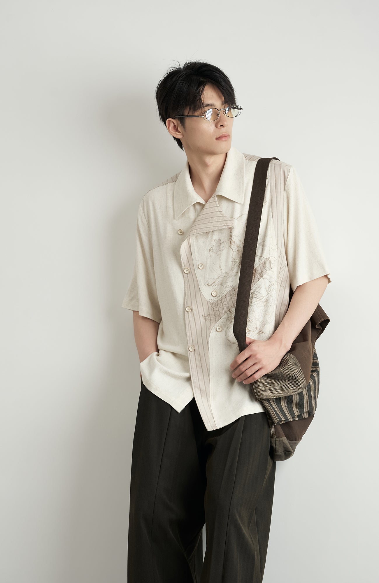 MOITIEDEPETALE Asymmetrical Floral Sketch Linen-Blend Shirt-Shirt-XS-Long-Sleeves-Free Shipping Leatheretro