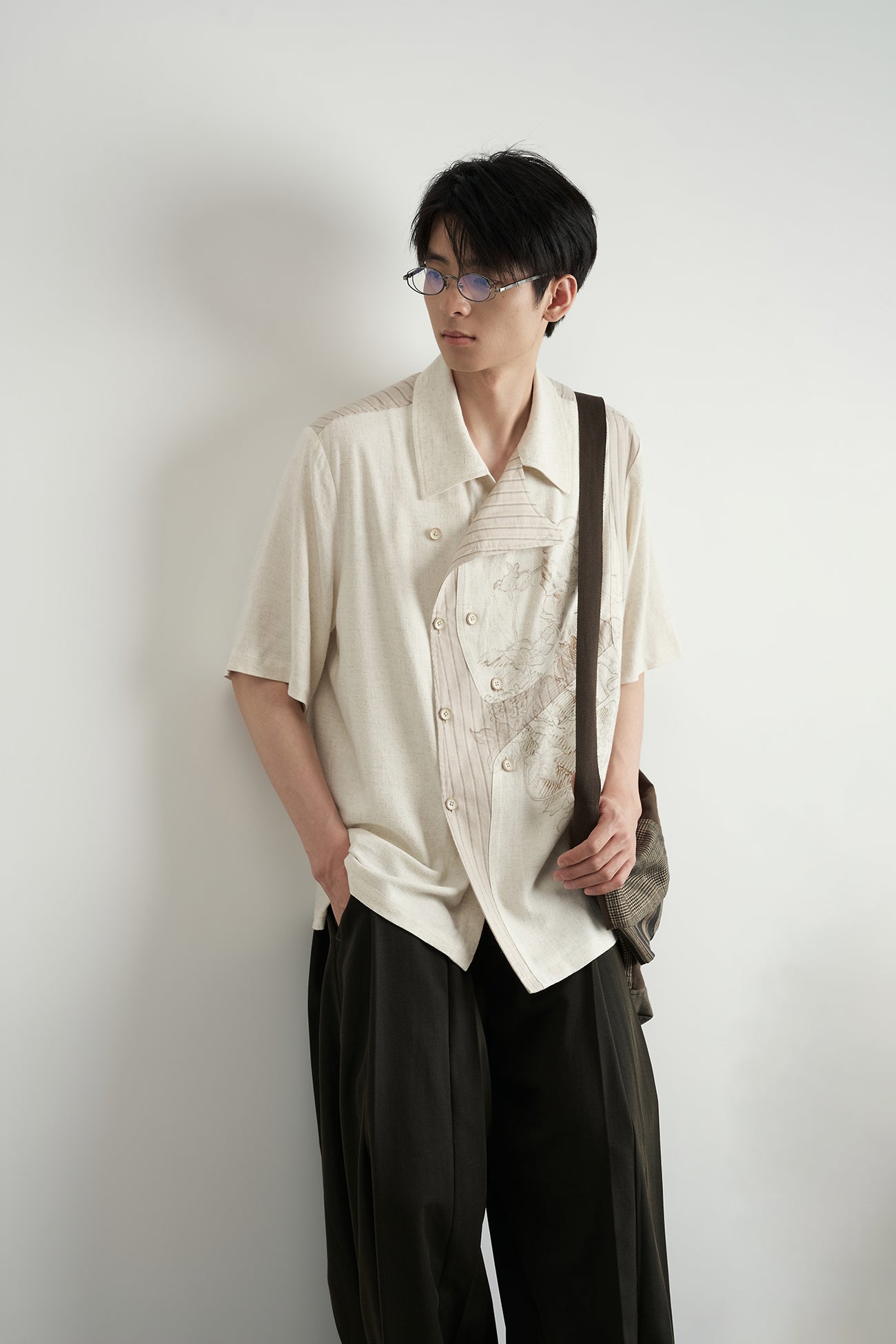 MOITIEDEPETALE Asymmetrical Floral Sketch Linen-Blend Shirt-Shirt-XS-Long-Sleeves-Free Shipping Leatheretro