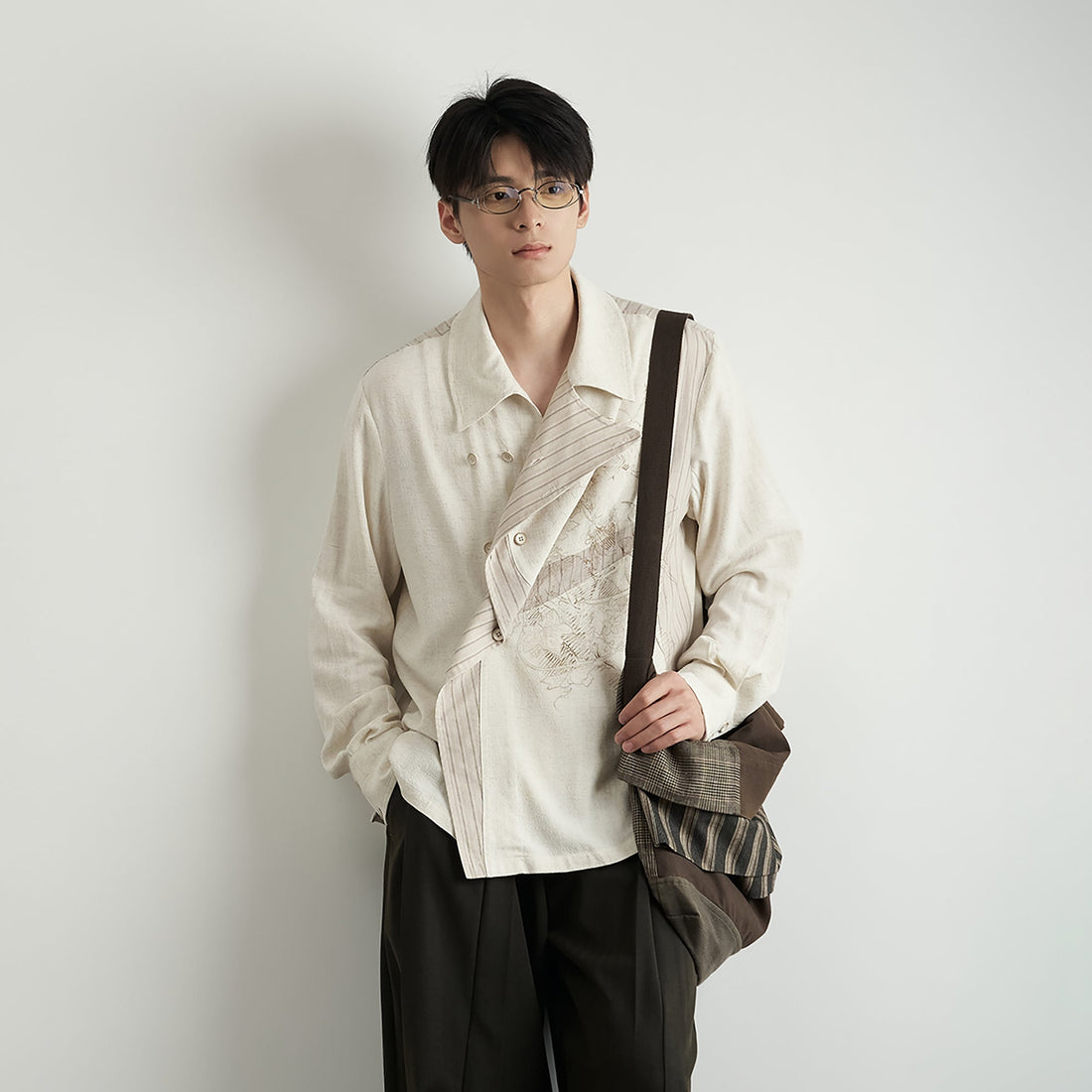MOITIEDEPETALE Asymmetrical Floral Sketch Linen-Blend Shirt-Shirt-XS-Long-Sleeves-Free Shipping Leatheretro