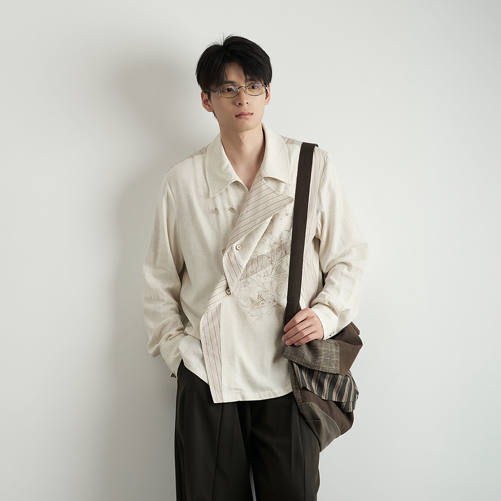 MOITIEDEPETALE Asymmetrical Floral Sketch Linen-Blend Shirt-Shirt-XS-Long-Sleeves-Free Shipping Leatheretro