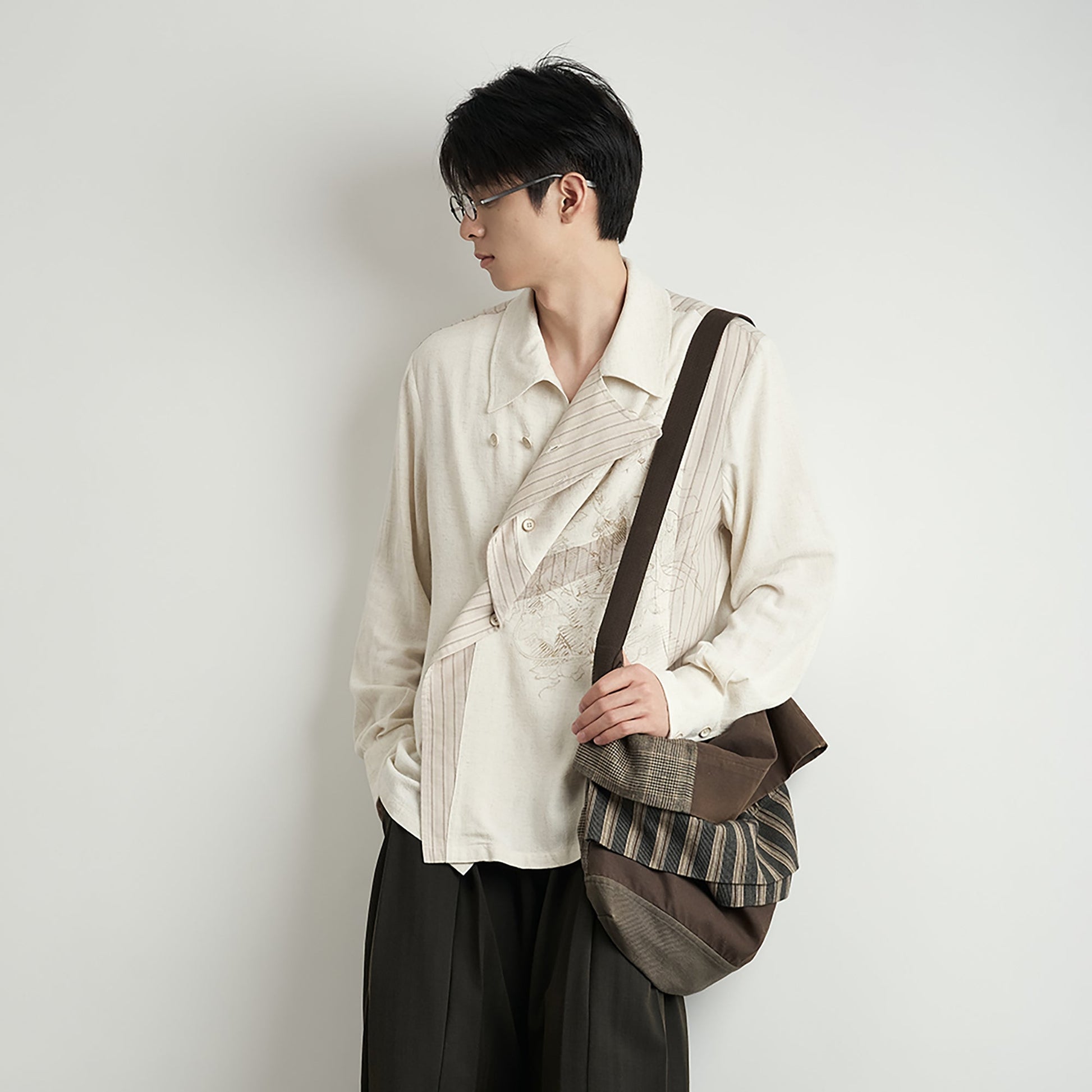 MOITIEDEPETALE Asymmetrical Floral Sketch Linen-Blend Shirt-Shirt-XS-Long-Sleeves-Free Shipping Leatheretro