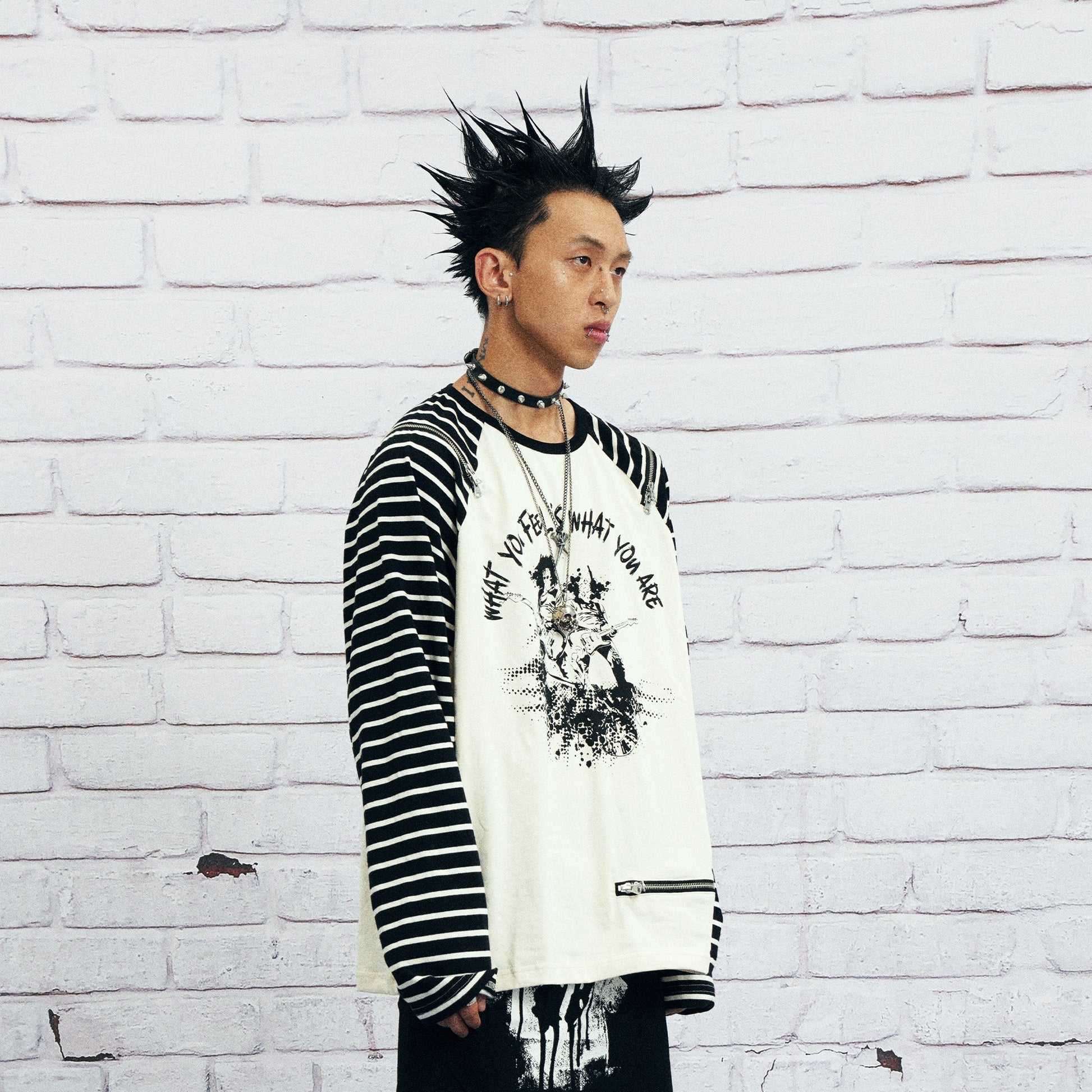 VENTUREK Punk Graphic Multi-Zip Striped Raglan Long-Sleeve Tee-L/S Tee-S-Free Shipping Leatheretro