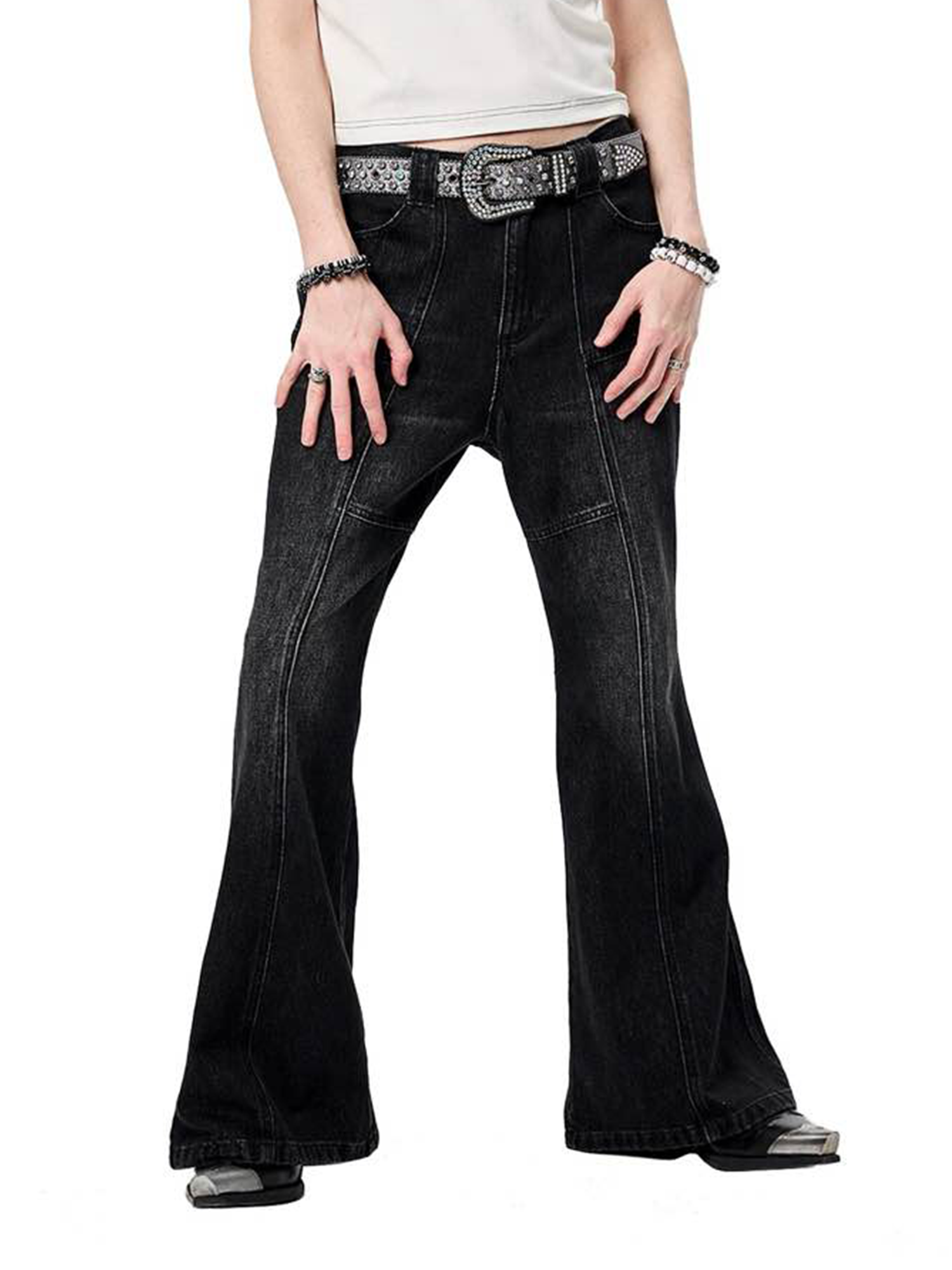 ERISSTOFF Washed Lace-Up Flared Jeans-Jeans-XS / 28"-Free Shipping Leatheretro