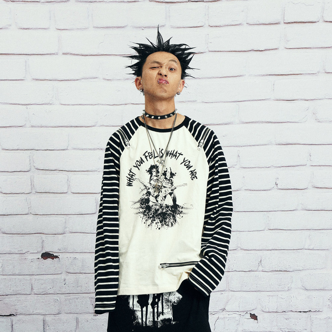 VENTUREK Punk Graphic Multi-Zip Striped Raglan Long-Sleeve Tee-L/S Tee-S-Free Shipping Leatheretro