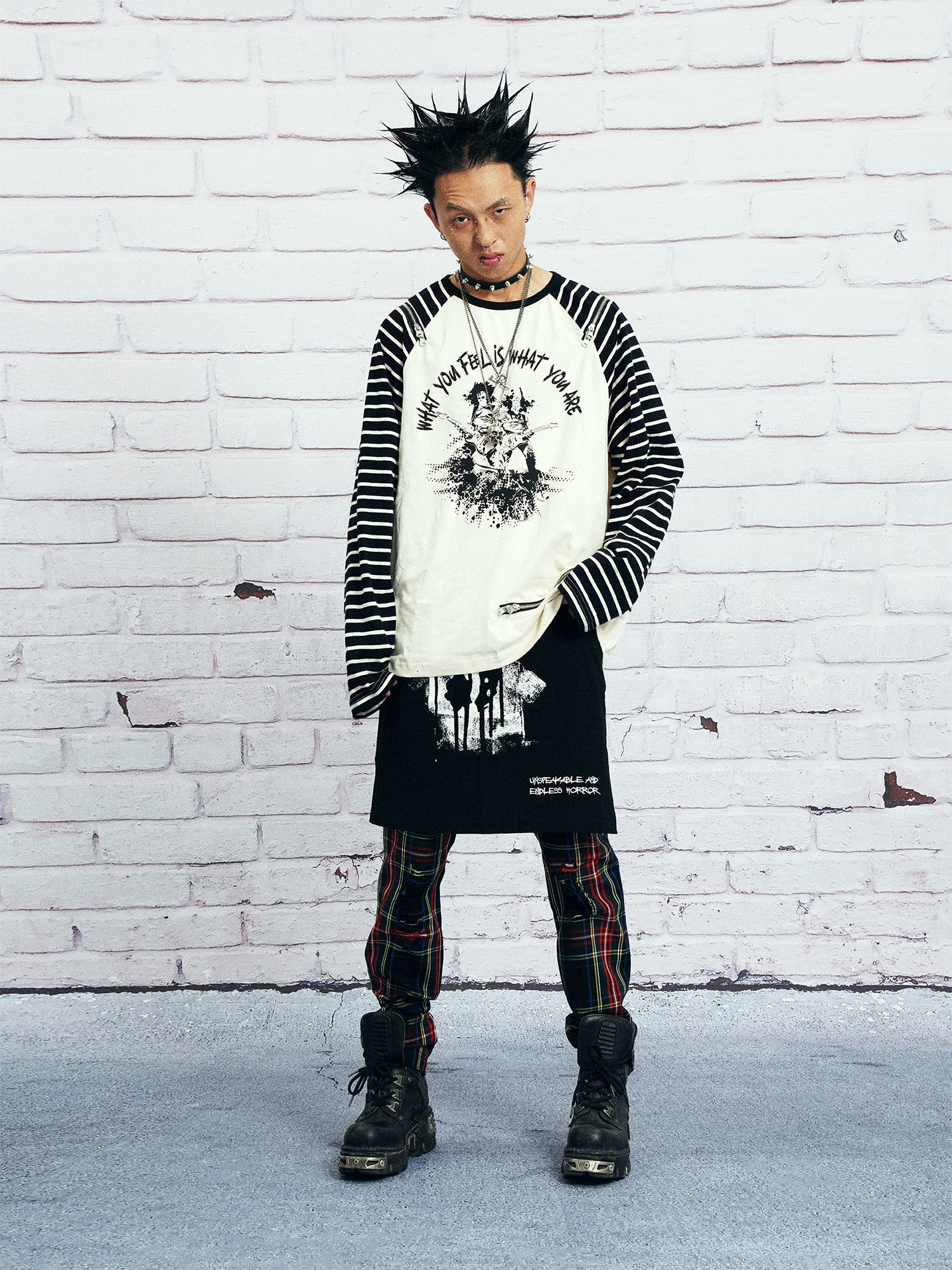 VENTUREK Punk Graphic Multi-Zip Striped Raglan Long-Sleeve Tee-L/S Tee-S-Free Shipping Leatheretro