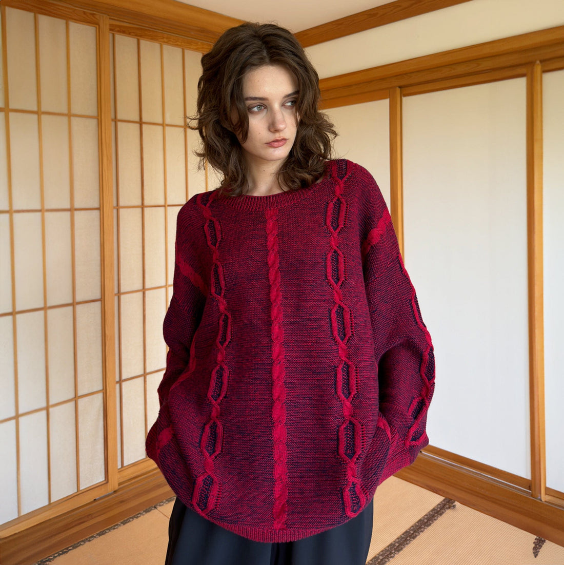 MIICHOUS Helsinki Oversized Cable Sweater-Sweater-S-Red-Free Shipping Leatheretro