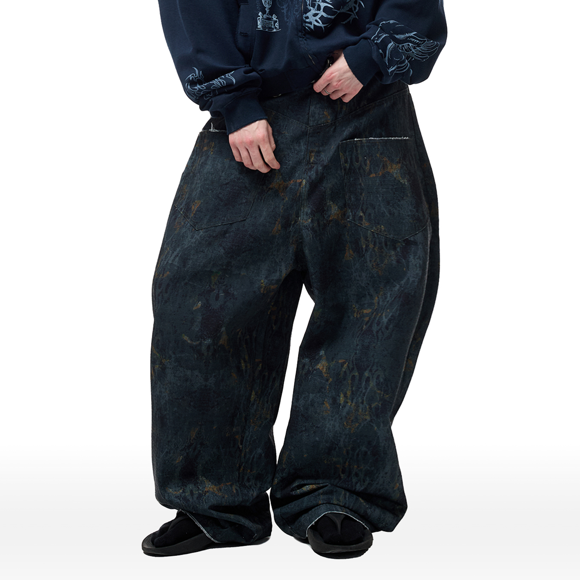 CYCYCY Washed Mottled Flame Graphic Denim Pants-Pants-XXS / 27"-Free Shipping Leatheretro