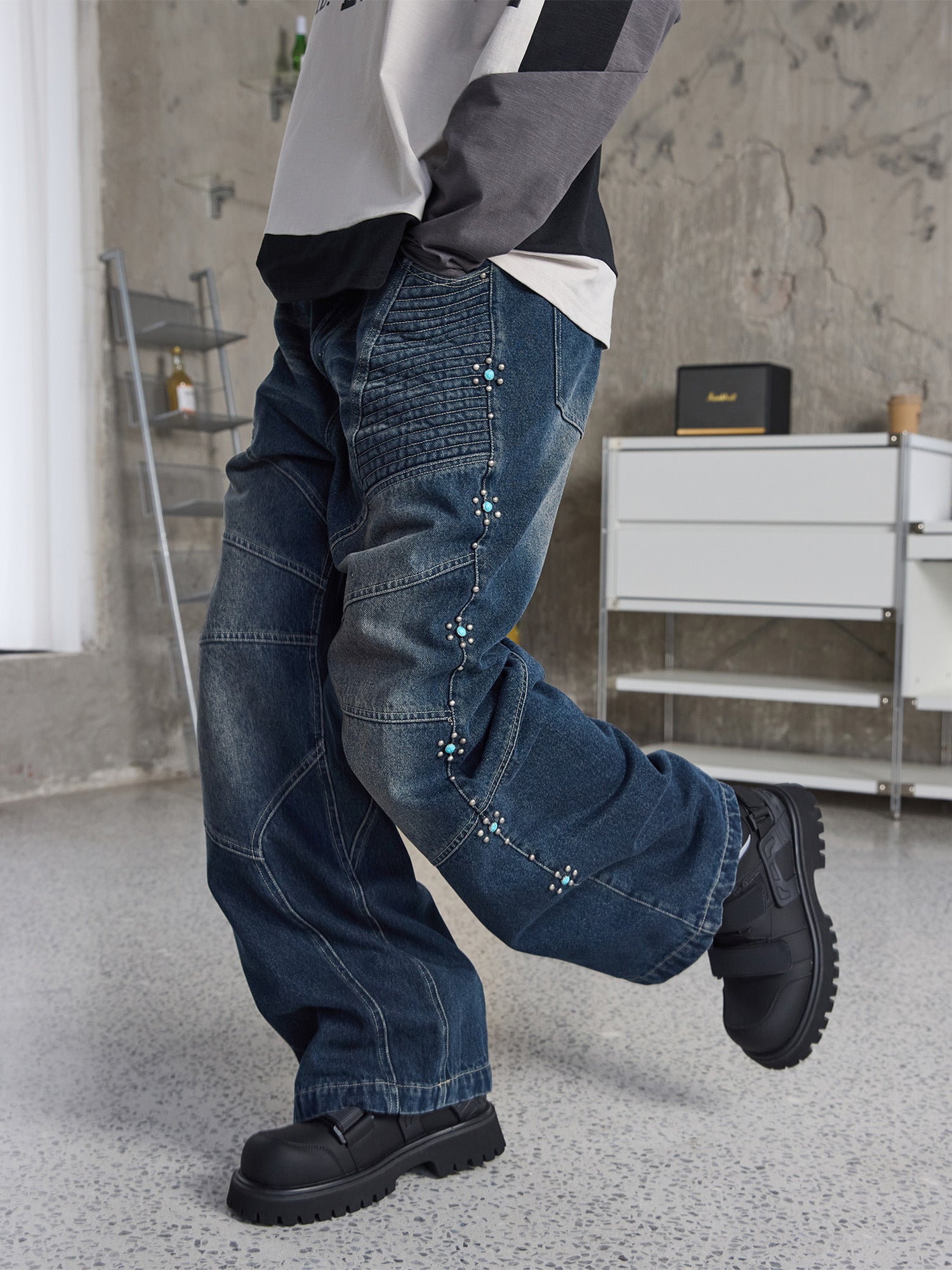 ERROR CODE ROBOT Turquoise Studded Paneled Jeans-Jeans-S-Free Shipping Leatheretro