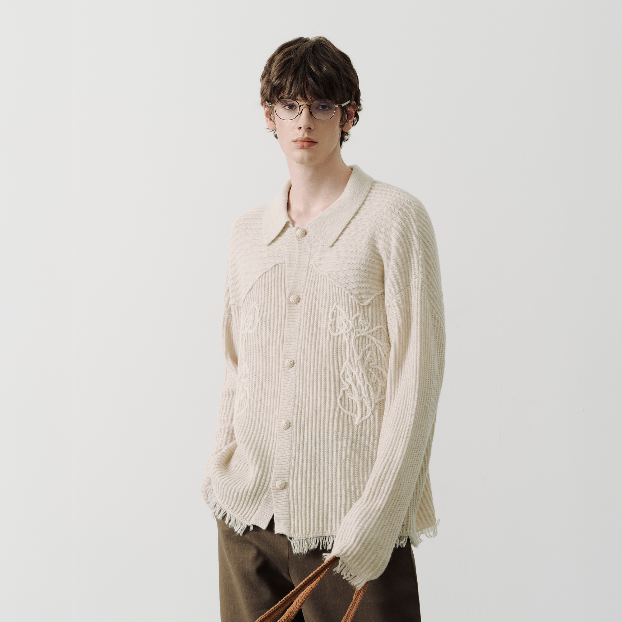 SAME FLOW Floral Embroidery Fringe-Hem Rib Cardigan-Sweater-S (Preorder)-Free Shipping Leatheretro