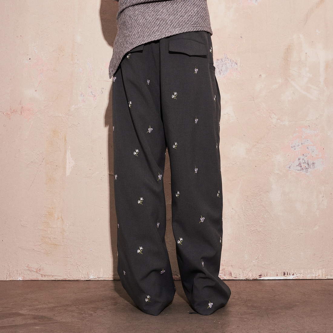 SAME FLOW Floral Embroidery Pleated Wide-Leg Trousers-Pants-S-Free Shipping Leatheretro
