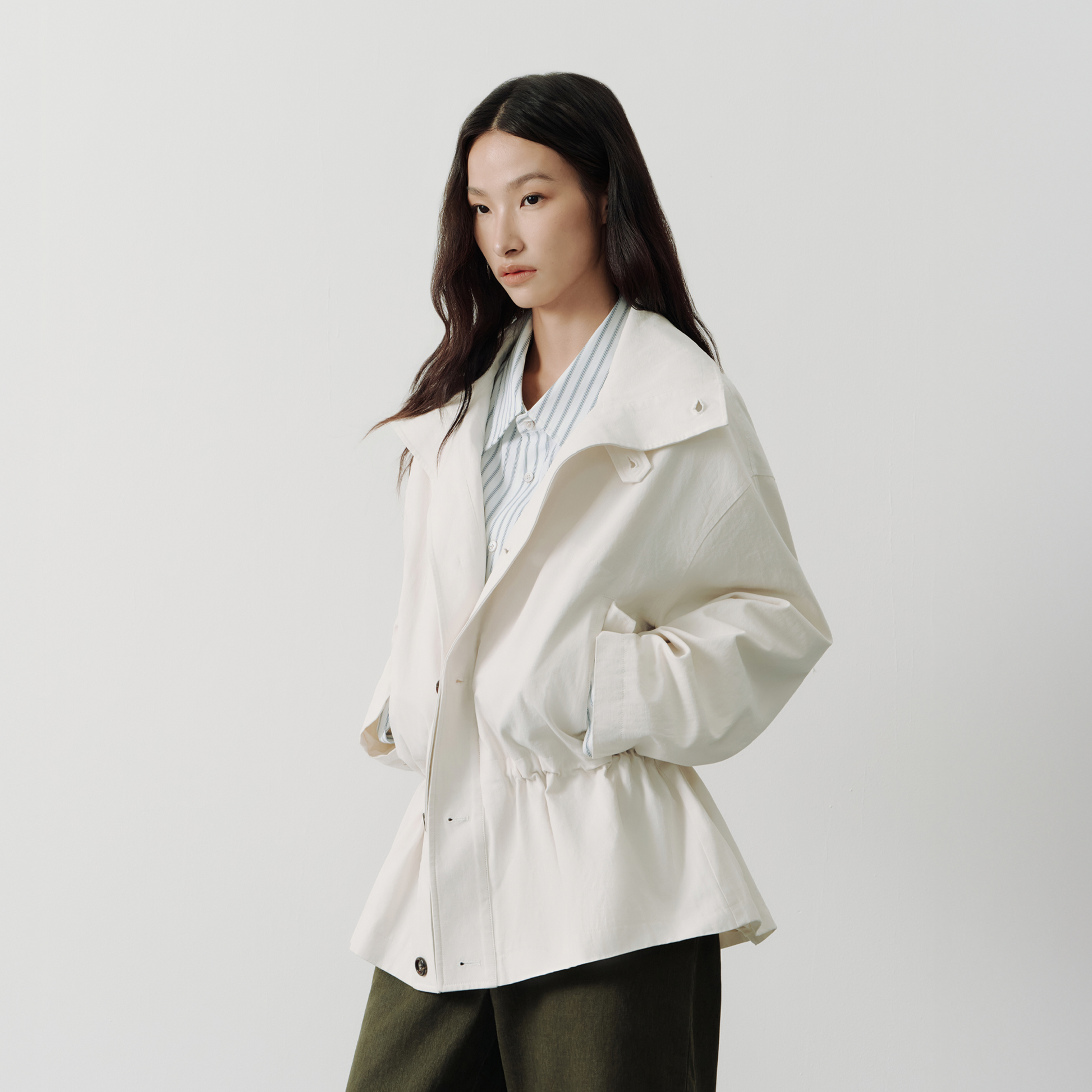 SAME FLOW Stand-Collar Drawstring-Waist Jacket-Jacket-S-Khaki-Free Shipping Leatheretro