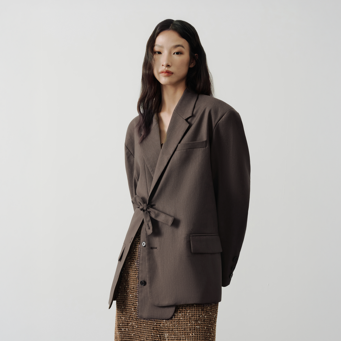 SAME FLOW Linen-Blend Split Hem Draped-Tie Blazer-Jacket-S-Free Shipping Leatheretro