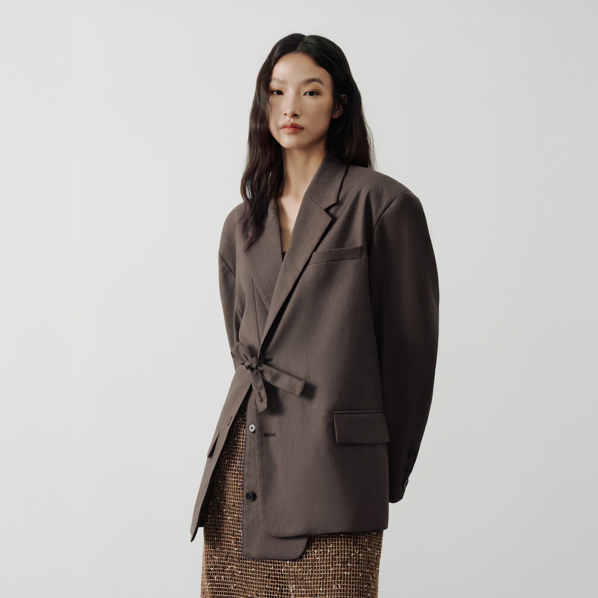 SAME FLOW Linen-Blend Split Hem Draped-Tie Blazer-Jacket-S-Free Shipping Leatheretro