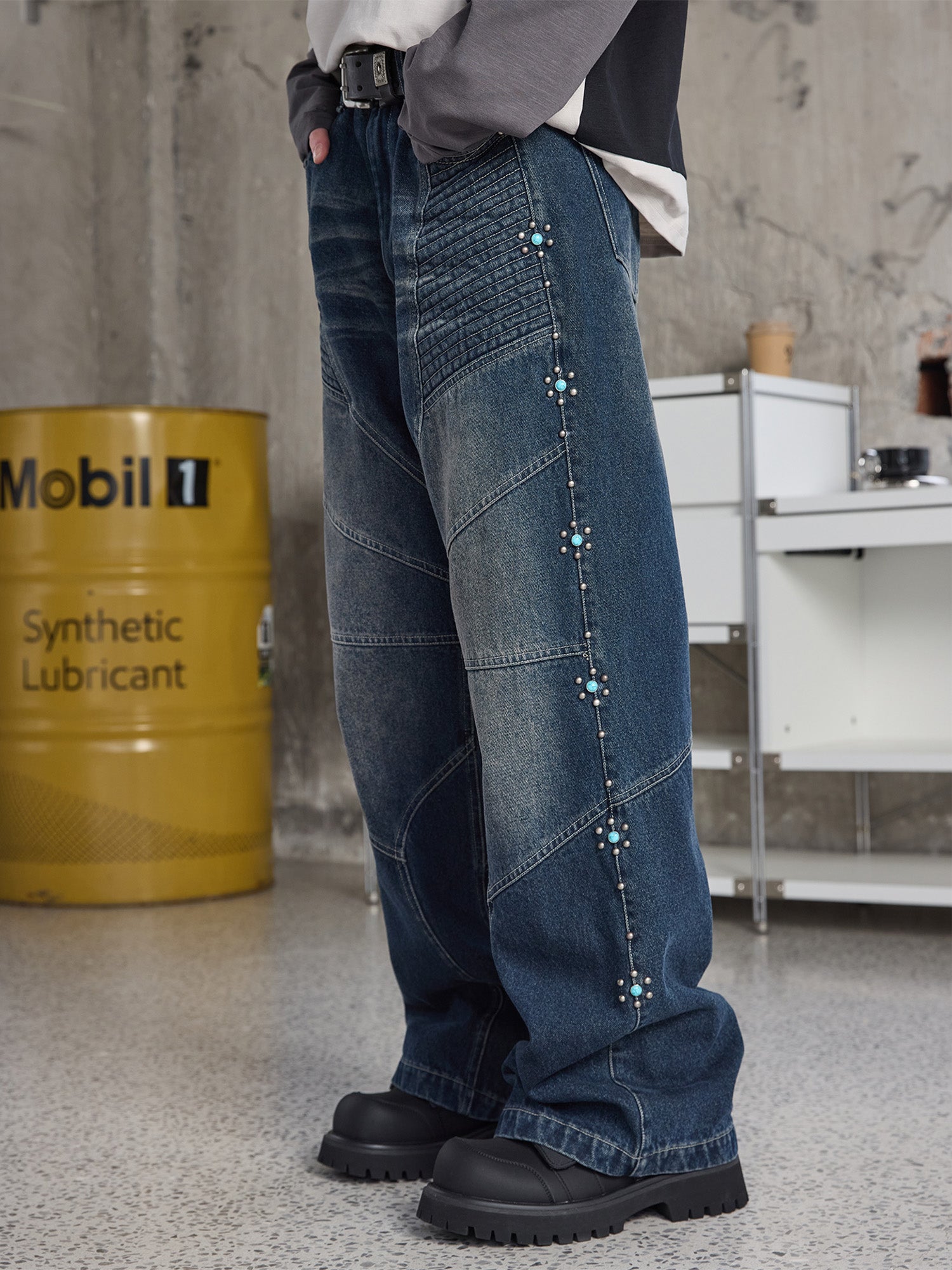 ERROR CODE ROBOT Turquoise Studded Paneled Jeans-Jeans-S-Free Shipping Leatheretro