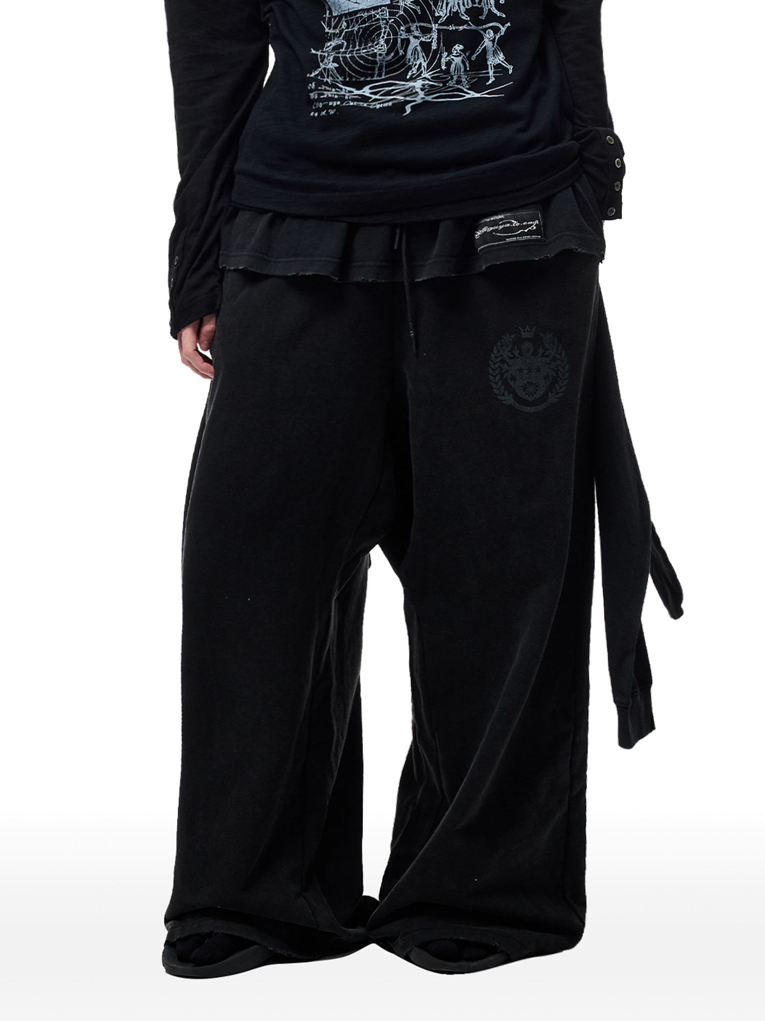 CYCYCY Layered Raw Edge Wide-Leg Sweatpants Black-Pants-S /23"-Free Shipping Leatheretro