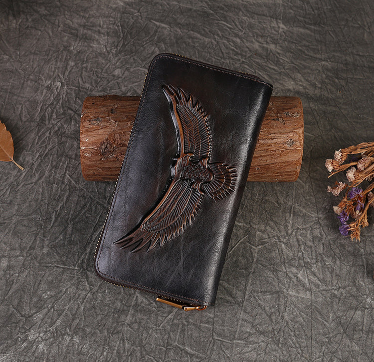 Full-Grain Leather Unisex Wallet - Multi-Card Slots, Eagle Design Spacious Design & Phone Pocket-Handbags, Wallets & Cases-Dark Brown-Free Shipping Leatheretro