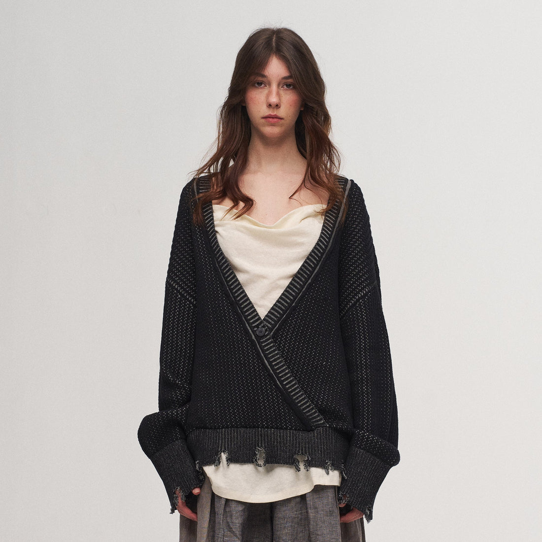 ILNya Nieternite Nifutur Frayed Edge Ribbed V-Neck Cardigan-Sweater-M(1) (Preorder)-Free Shipping Leatheretro