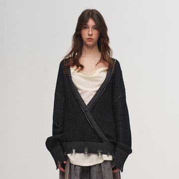 ILNya Nieternite Nifutur Frayed Edge Ribbed V-Neck Cardigan-Sweater-M(1) (Preorder)-Free Shipping Leatheretro