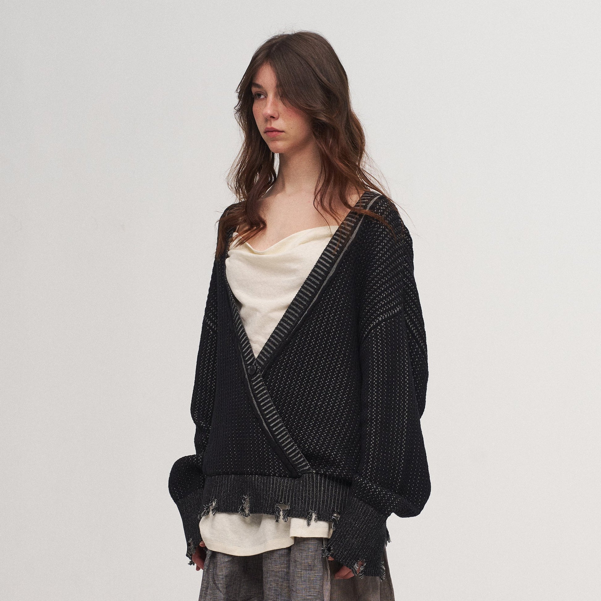 ILNya Nieternite Nifutur Frayed Edge Ribbed V-Neck Cardigan-Sweater-M(1) (Preorder)-Free Shipping Leatheretro