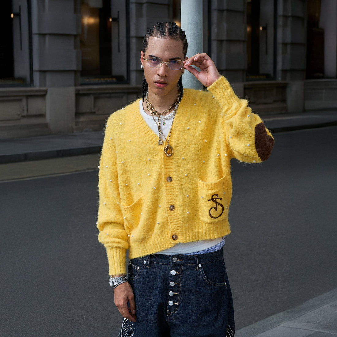 STEEPC Pearl-Studded Contrast Elbow Patch Cardigan-Sweater-S (1)-Yellow-Free Shipping Leatheretro