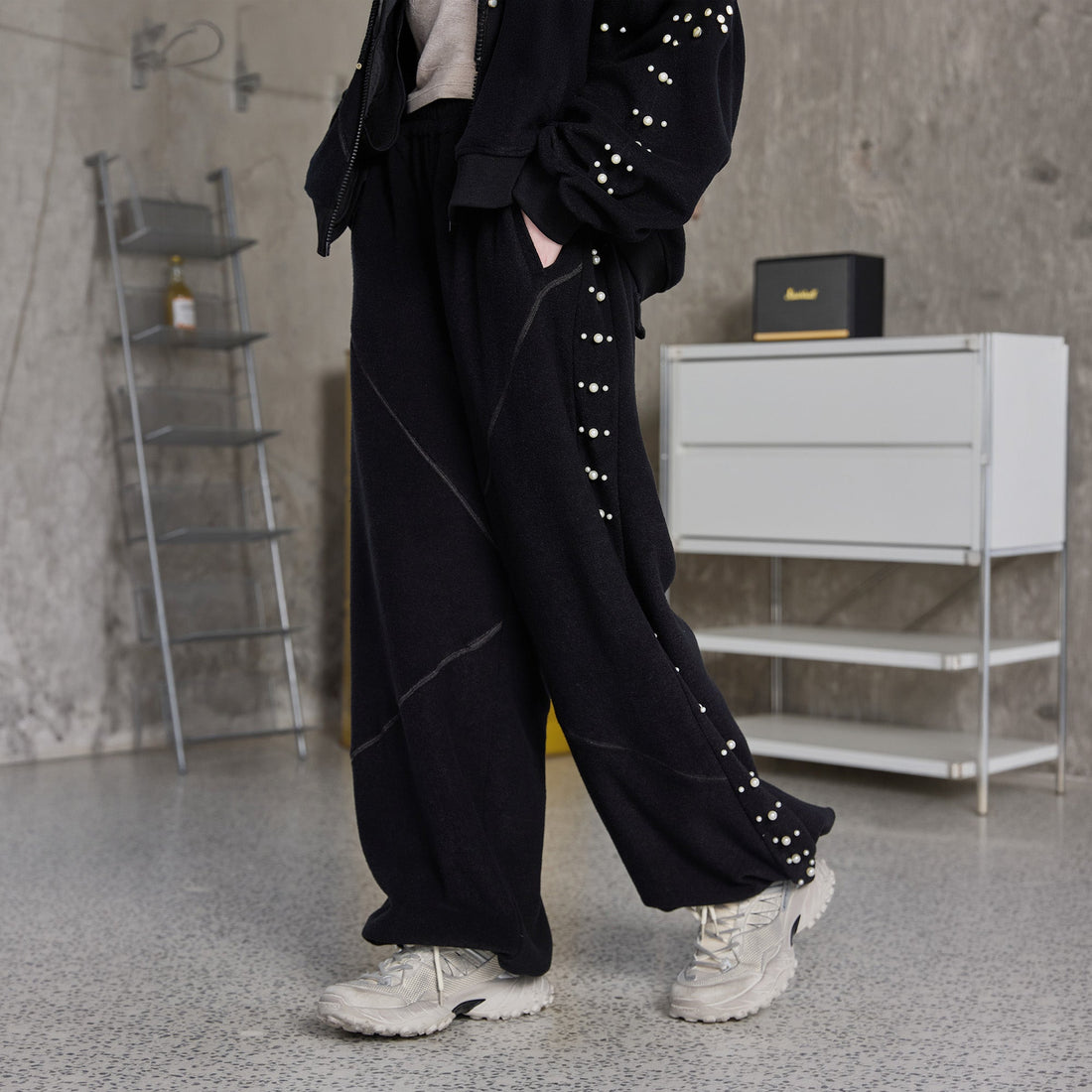 ERROR CODE ROBOT Pearl-Studded Diamond-Seam Pants-Pants-S-Free Shipping Leatheretro