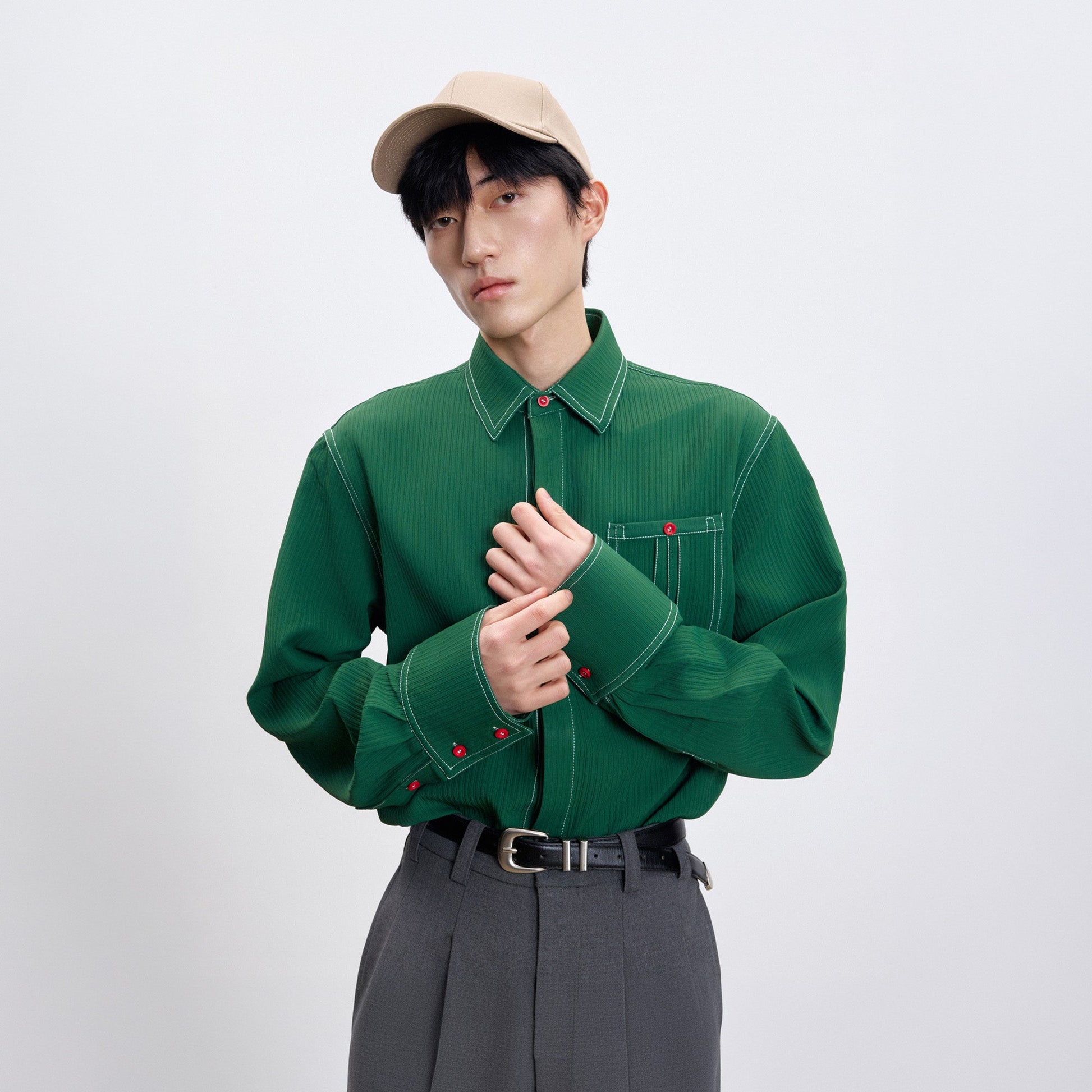 TUIMU Essential Contrast-Stitch Shirt-Shirt-S (Preorder)-Long-Free Shipping Leatheretro
