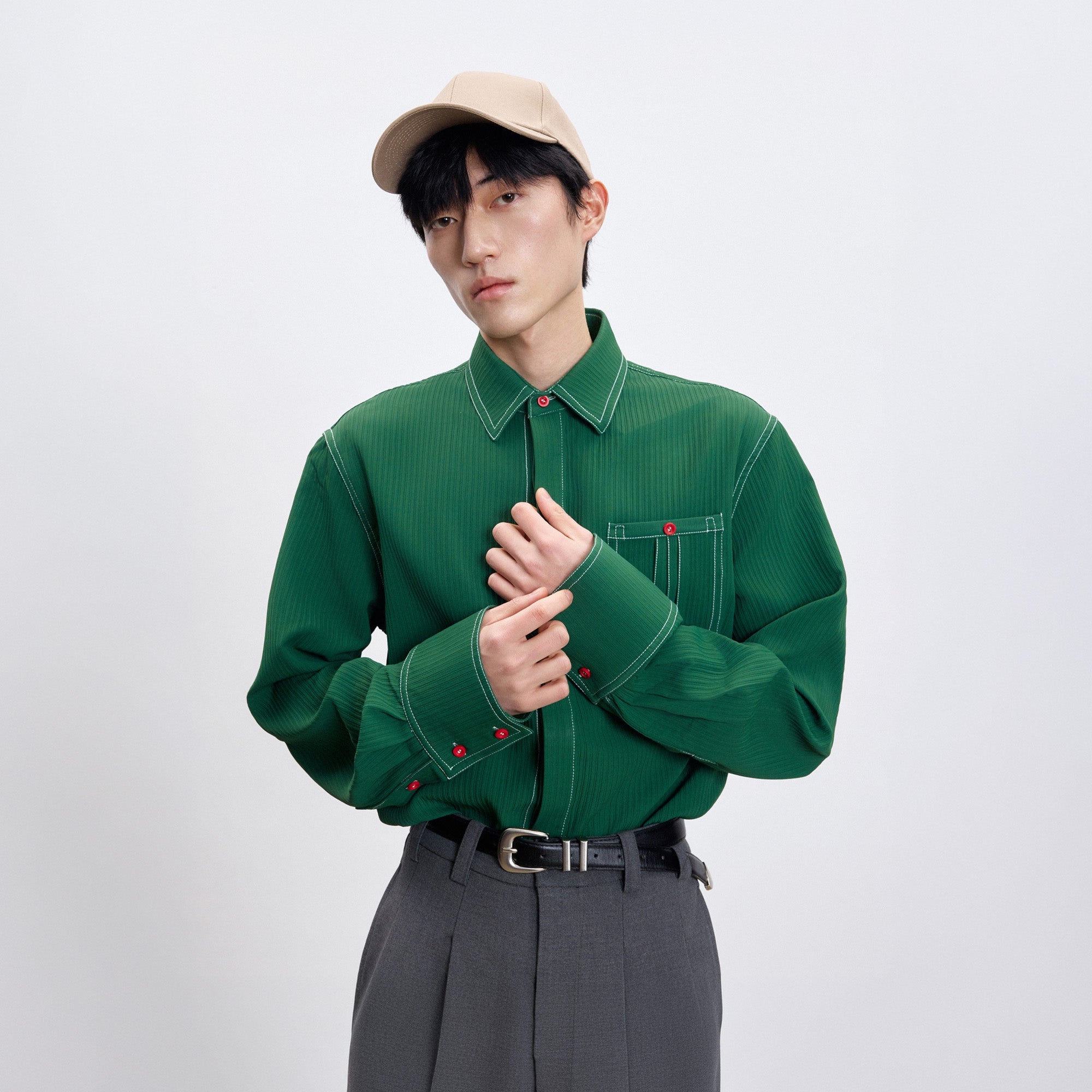 TUIMU Essential Contrast-Stitch Shirt-Shirt-S (Preorder)-Long-Free Shipping Leatheretro