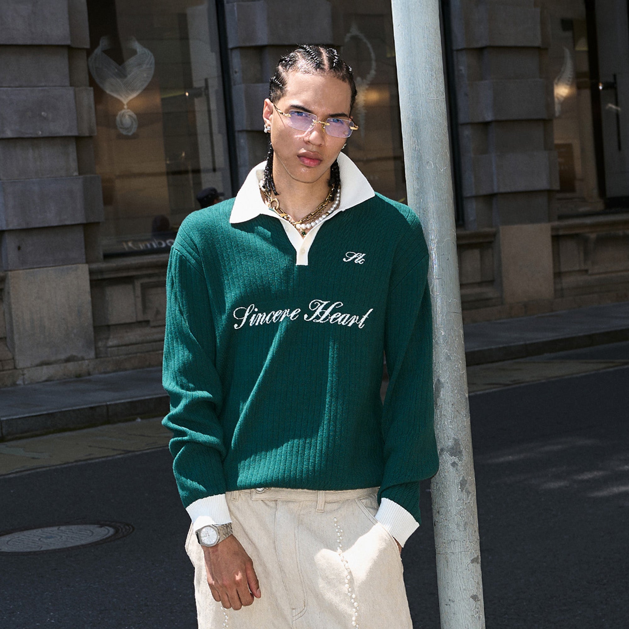 STEEPC Contrast Collar Polo Sweater-Sweater-S (1)-Green-Free Shipping Leatheretro