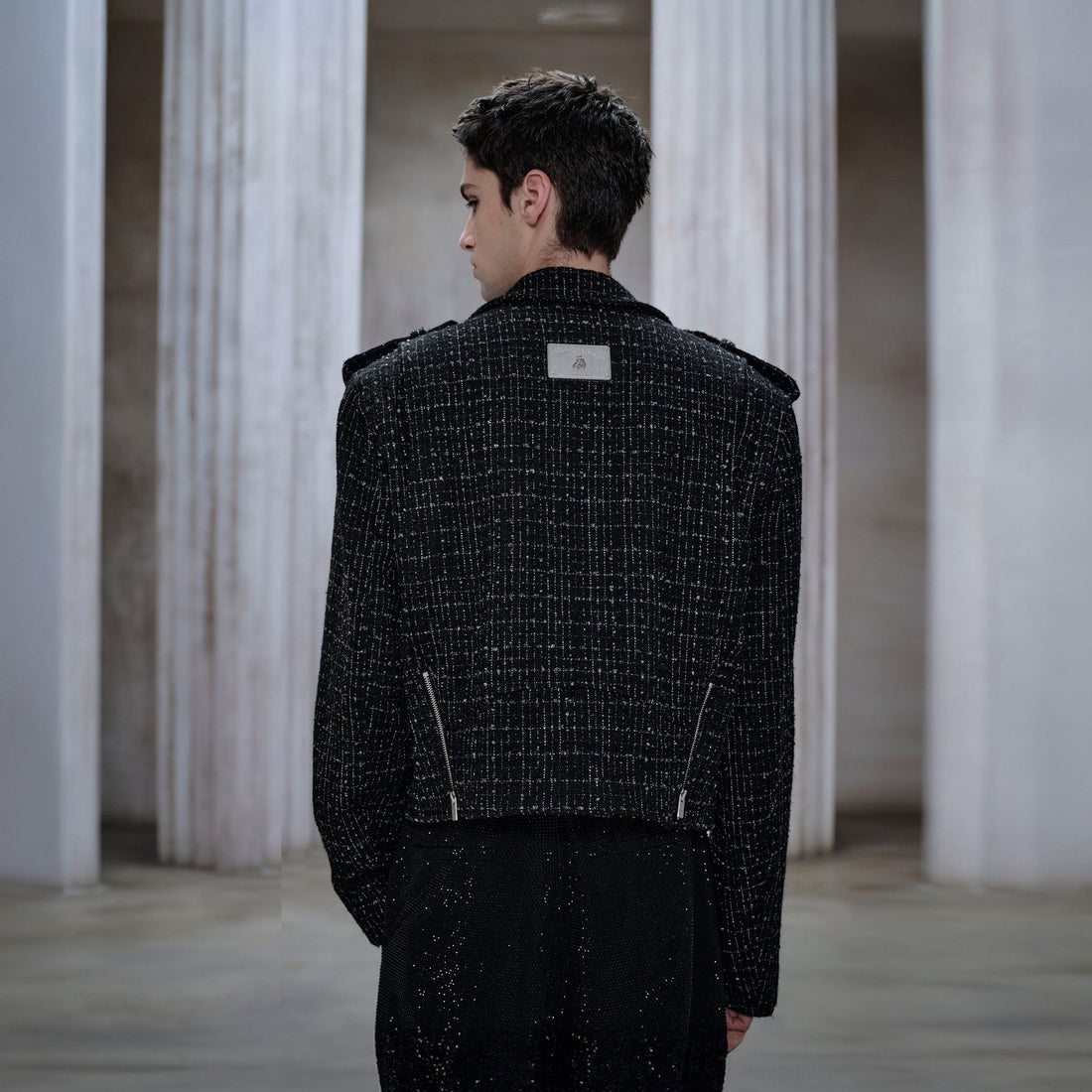 FACEONLAB Metal Badge Multi-Zip Tweed Biker Jacket-Jacket-M-Free Shipping Leatheretro