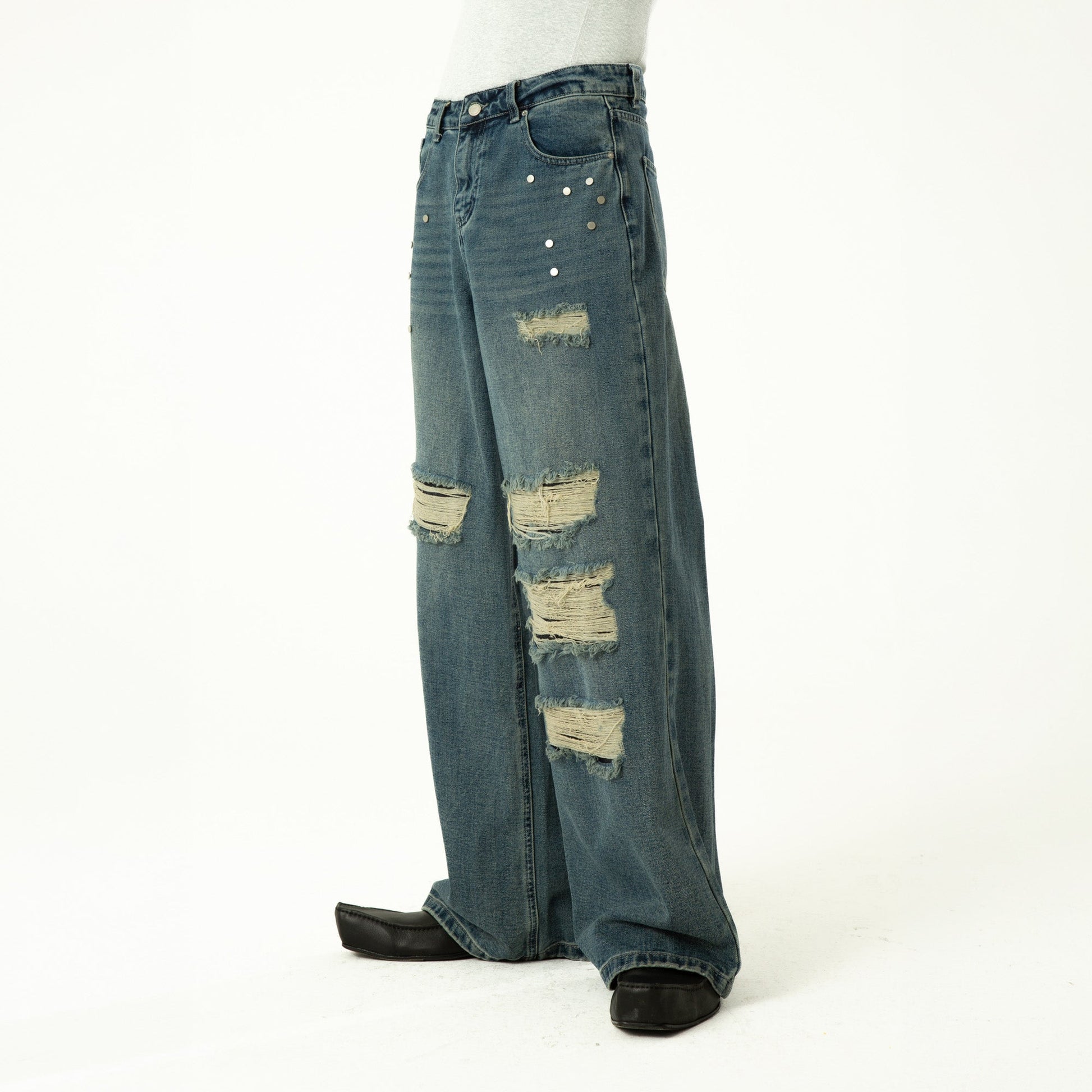 CLP Retro Washed Distressed Rivet Jeans-Jeans-M-Free Shipping Leatheretro
