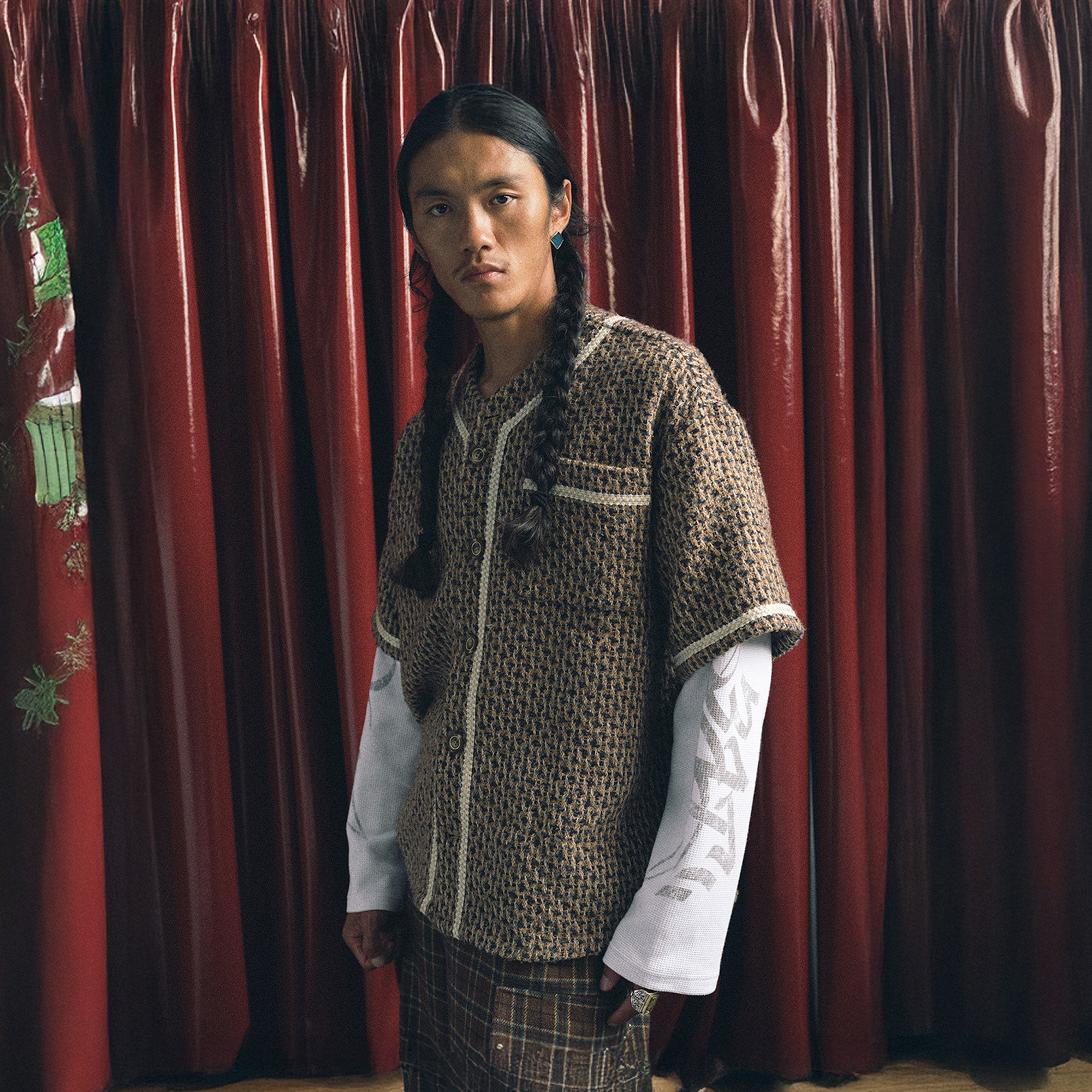 TRECLUB Tweed Layered Baseball Shirt-Shirt-S-Free Shipping Leatheretro