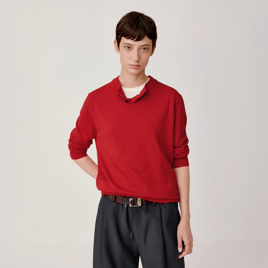 OPICLOTH Essential Layered Collar Sweater-Sweater-XS-Red-Free Shipping Leatheretro