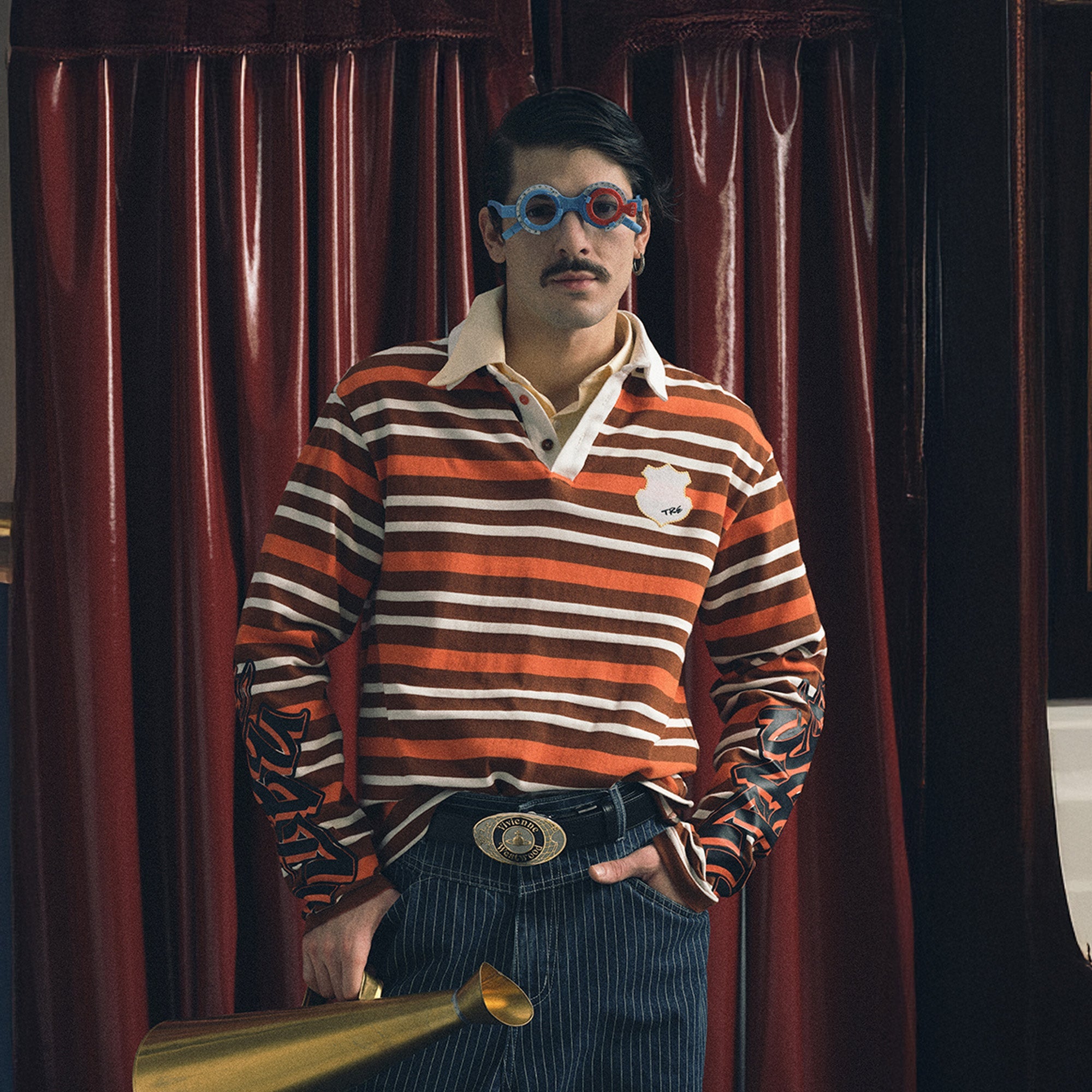 TRECLUB Badge Patch Graphic-Sleeves Striped Long-Sleeve Polo-L/S Tee-S-Free Shipping Leatheretro