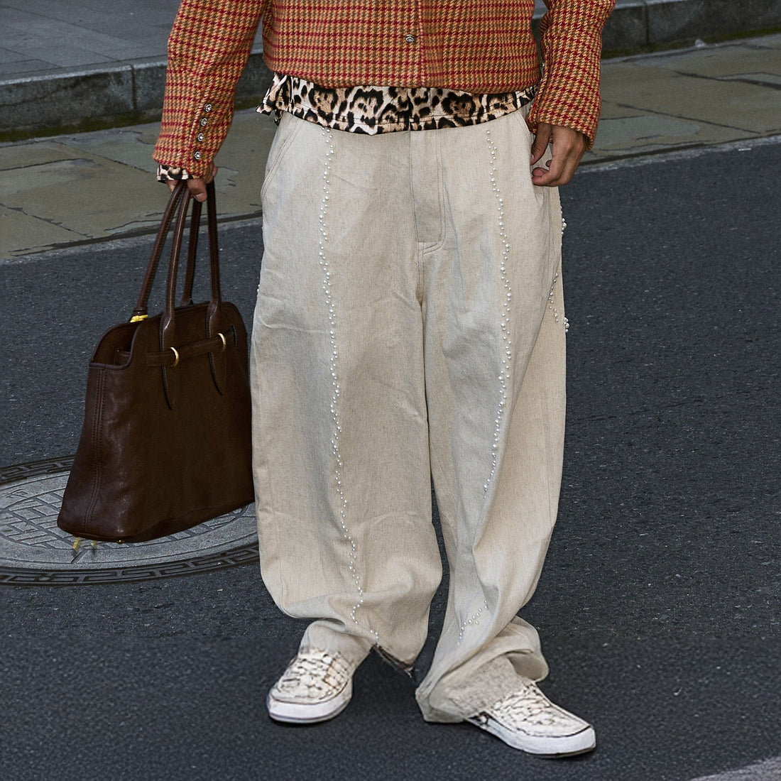 STEEPC Pearl Embellished Linen-Blend Wide-Leg Trousers-Pants-S-Free Shipping Leatheretro
