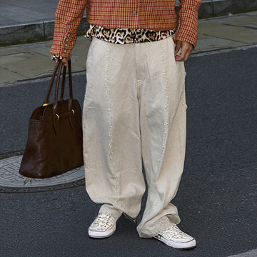 STEEPC Pearl Embellished Linen-Blend Wide-Leg Trousers-Pants-S-Free Shipping Leatheretro