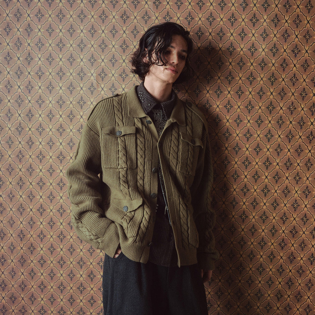 RICHILL Epaulet Multi-Pocket Cable Knit Jacket-Jacket-S-Free Shipping Leatheretro